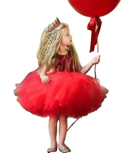 2022 New Design Ball Gown Frock Princess Flower Girls Infant Toddle Red Birthday Party tutu Dresses for Baby Kids