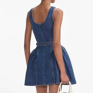 เดรสยีนส์สั่งตัดสำหรับผู้หญิง ผ้าฝ้าย 100% คุณภาพสูง สไตล์วินเทจ ซักฟอกแล้ว แบบไม่มีแขน เดรสทรงบับเบิ้ลสำหรับผู้หญิง - Product Image 4