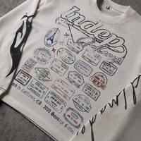 T-shirt à manches longues en maille gaufrée pour homme, coupe classique, imprimé motifs de tampons de passeport, streetwear, 300 grammes, vêtement urbain thermique