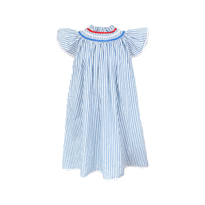 <span class=keywords><strong>Vestito</strong></span> da bambina in seersucker con colletto smock e maniche a volant, in cotone a righe blu, bianco e rosso, per l'estate, per neonate e bambine. - Product Image 2