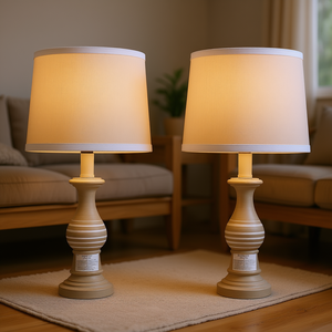 <b>Vintage</b> Ceramic <b>Table</b> Lamps Oatmeal Linen Drum Shades 18.5 In Farmhouse Style <b>Bedside</b> Lighting Warm White Light - Product Image 2