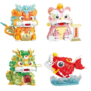 Yeni tasarım çin yeni yıl kültür Koi Mini ejderha mikro yapı taşları aslan dans Mini tuğla şekil çocuk için oyuncak hediye