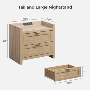 Type-C Charging Station Nightstands Set 2 Bedside <strong>Table</strong> 2 Drawers <strong>Storage</strong> Boho Light Oak <strong>End</strong> <strong>Table</strong> for Bedroom Office Rattan - Product Image 3