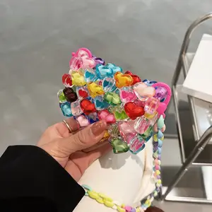 Wholesale Summer Individuality Colorful Acrylic Hollow-out Heart Beaded Lady Mini Tote Sling Satchel Handbag Clutch Bag Purse