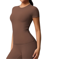 T-shirt de sport à manches courtes uni pour femme, en stock, brossé double face, haut de fitness ajusté pour le yoga et la course à pied, grande taille
