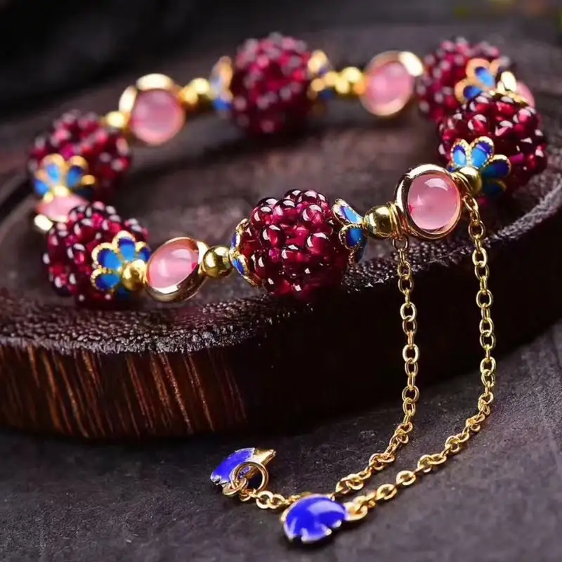 Natürliche Pulsera geflochtene Granat kugel Elastisches Armband Rosenquarz Kristall Granat Armband für Frauen
