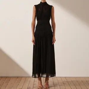 女性用ブラックハイネックミディドレスノースリーブオーガンザフローリースリムフィットセクシーフォーマルファッションワークエレガントドレス