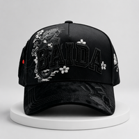 Gorra de Béisbol Unisex Negra Lavada de Sarga con Parche 3D de Diamantes de Imitación LA, Dragón Chino Rosa y Bordado de Flor de Sakura, Estilo Hip Hop Oriental