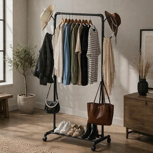 Standing Metal <b>Clothing</b> <b>Rack</b> With Wheels Height Adjustable Multifunctional Wardrobe Storage Holder Minimalist Design - Product Image 3