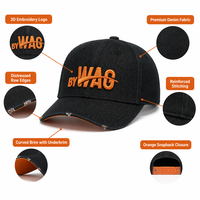 Casquette Trucker en Denim Personnalisée 6 Panneaux avec Logo Brodé en Relief 3D, Visière Orange Effet Vieilli, Vente en Gros Streetwear