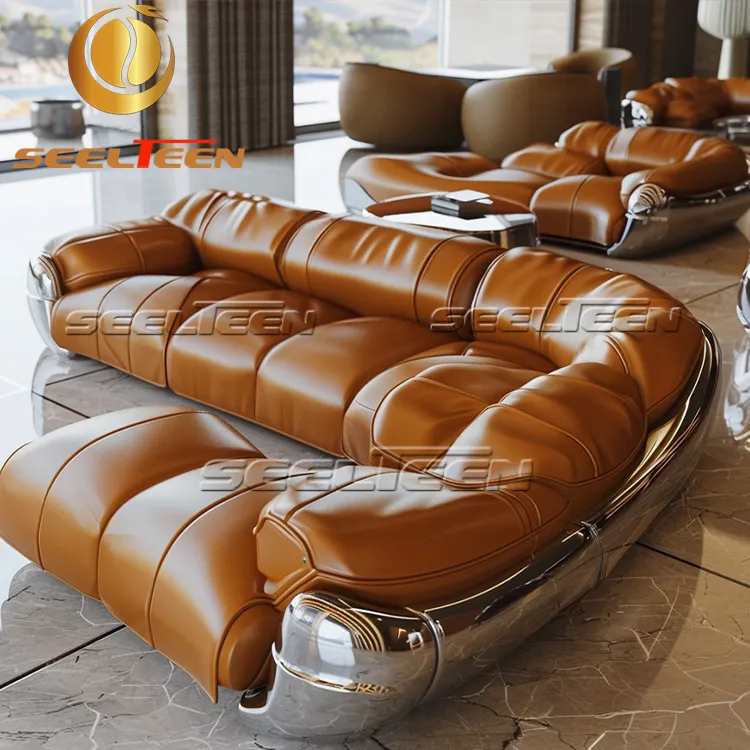 Sofás luxuosos de couro dourado para sala de estar, móveis para casa de luxo