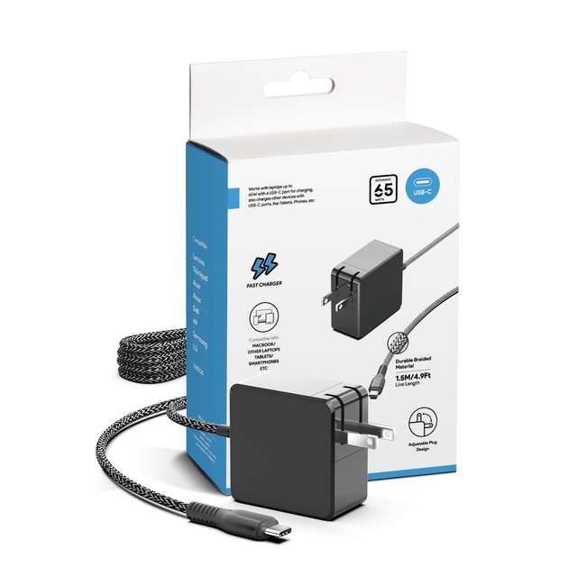 20V3.25A PD65W USB Type-C Fast Charger with Foldable Design and Wall Mount for Laptops & Tablets