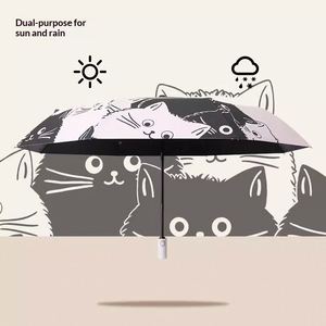 Parapluie pliable automatique pour femme, motif chat noir et blanc, en polyester avec revêtement noir, protection UV contre le soleil et la pluie, 8 cadeaux d'affaires - Product Image 2