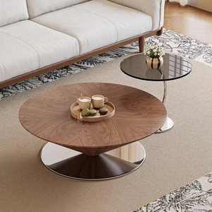 Set di Tavolini da Caffè Rotondi in Legno Color Noce dal Design Moderno, Arredamento di Lusso per Soggiorno con Base in Metallo - Product Image 3