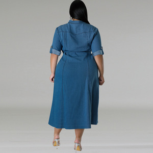 Robes en jean grande taille de haute qualité Y218602 pour femmes, décontractées, à col rabattu, manches longues, avec lien, mi-longues, pour l'automne - Product Image 3