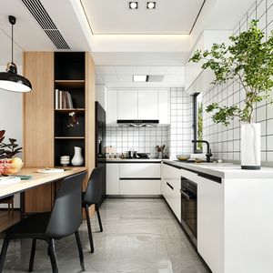 <span class=keywords><strong>Cuisine</strong></span> élégante et minimaliste BALOM, blanche, avec vitrine à verres à vin, crédence en carreaux noirs, ameublement de <span class=keywords><strong>cuisine</strong></span> résidentiel. - Product Image 2