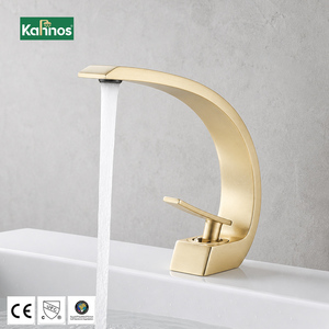 Robinet de lavabo de salle de bain doré poli, monocommande, monotrou, à poser sur le comptoir, haut, design mince en forme de croissant - Product Image 1