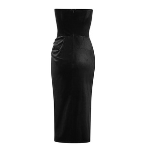 R30409S 2022 primavera e l'estate nuove signore tubo di <span class=keywords><strong>velluto</strong></span> top scollo a v fessura irregolare abito di media lunghezza abbigliamento di fascia alta abito nero - Product Image 3
