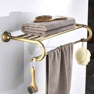 实心黄铜空间壁挂式毛巾架，仿古黄铜饰面压花设计底座，用于组织