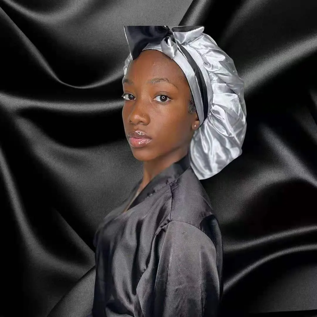 best selling silk hair long band tie hair braid bonnet double layer satin bonnet and edge scarf sleeping cap