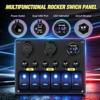 Panneau de commutation à 6 interrupteurs à bascule 12V avec LED bleue marche/arrêt, Voltmètre 24V, Chargeur USB double et Prise allume-cigare pour Bateau, Camping-car, Camion