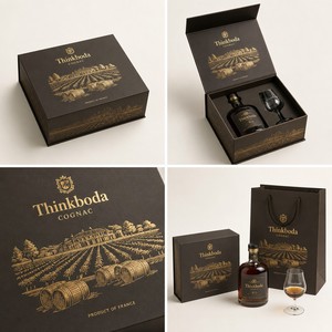 Caja de Regalo Personalizada para Coñac, Caja Rígida para Brandy con Lámina Dorada de Viñedo e Inserto de Vidrio, Empaque Premium para Brandy Francés - Product Image 2