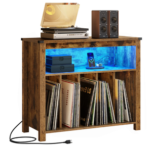 Support de <span class=keywords><strong>platine</strong></span> <span class=keywords><strong>vinyle</strong></span> pouvant contenir jusqu'à 200 albums Grand support de tourne-disque avec prises de courant et lumières LED Marron - Product Image 1