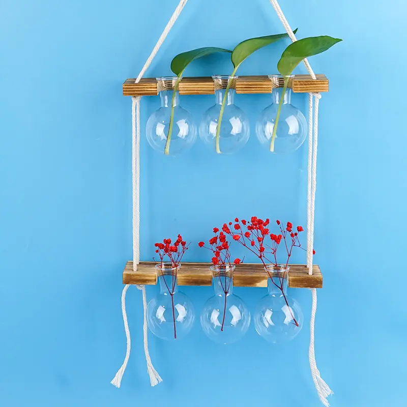 Office decoration wall hanging glass vase for home decor Straw rope handle aquatic plant propagation station