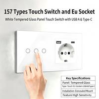 Interrupteur mural à commande tactile 3 gangues, prise EU Schuko avec port de charge USB type C, panneau en verre trempé, taille 157, prise murale