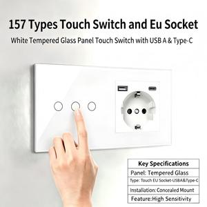 3 Gang Touch Control Wall <strong>Switch</strong> EU Schuko <strong>Socket</strong> With USB a Type C Charger Port Tempered Glass Panel 157 Size Wall <strong>Socket</strong> - Product Image 1