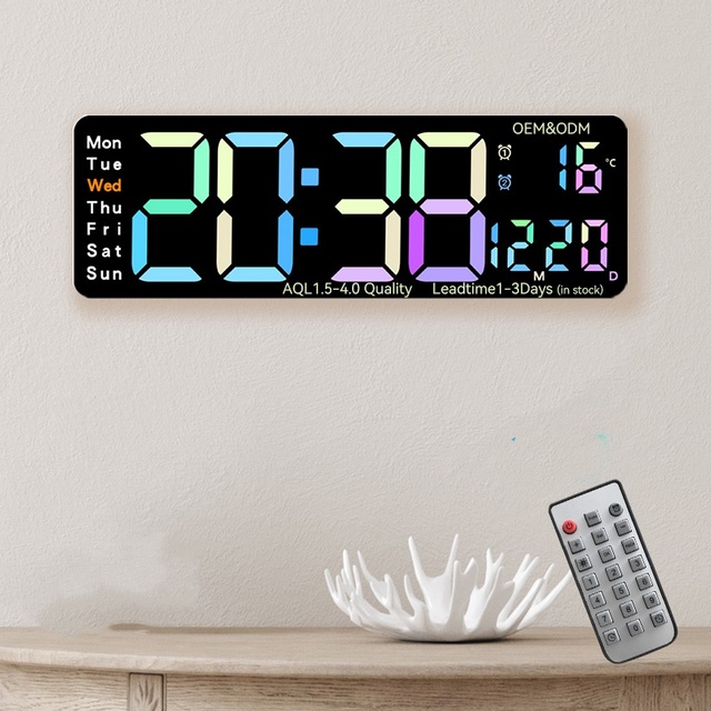 Living Room Home Decor Giant 16 Inch Electronic Day Date Dual Time Temperature Remote Control Large Led Digital Alarm Wall Clock