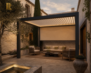 Sistema de Pérgola Bioclimática de Aluminio para Exteriores RKOVE RK-S1 con Pantallas de Privacidad Integradas y Techo Inclinable Eléctrico para Villa - Product Image 4