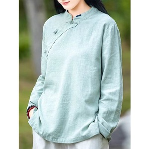 Cotton Linen Top With Frog Buttons Diagonal Placket Stand Collar Long Sleeves Zen Inspired Shirt For Women - Product Image 3