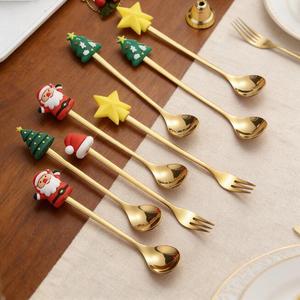 Christmas Cartoon-Themed Gold Silver Stainless Steel Coffee Spoon <b>Flatware</b> <b>Set</b> with Gift Box for Elegant Coffee Serving Parties - Product Image 1