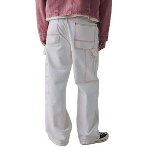 Inverno Desgaste Contraste Vermelho Costura 100% Algodão Branco Denim Utilitário Calças Perna Reta Meados Ascensão Cintura Solta Fit Carpenter <span class=keywords><strong>Jeans</strong></span> - Product Image 1