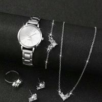 Nouvel ensemble de montres à quartz en acier inoxydable, cadran analogique en verre de 37 mm, bijoux de mode simples : collier, bracelet, bague, boucles d'oreilles