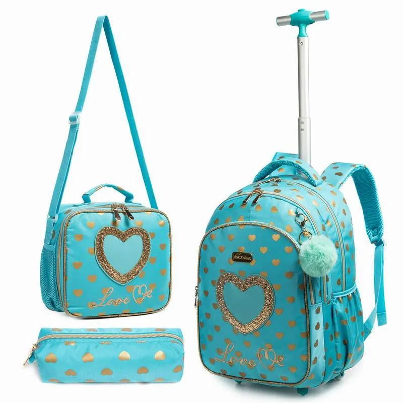 Jasminestar Children Rolling Backpack Kids School Wheeled Backpack Travel Luggage Trolley Bags for Girls Wheels Student 3pcs Set