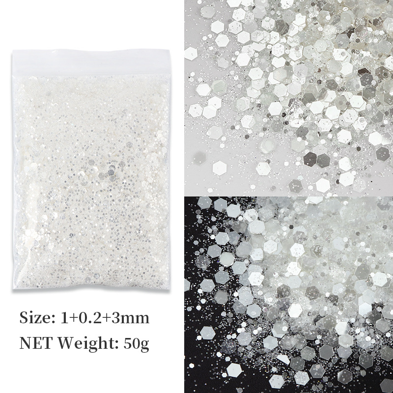Bolsa de 50g de lentejuelas grandes mixtas serie oro y plata - plata de alto brillo.