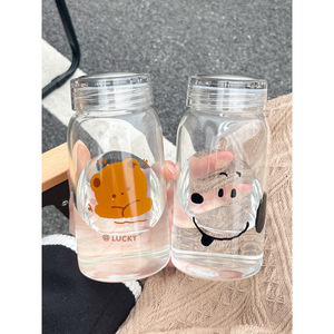 Cartoon Glass Mug 450ml With Lid Portable For Travel Water Coffee Juice Breakfast Office Use - Product Image 2