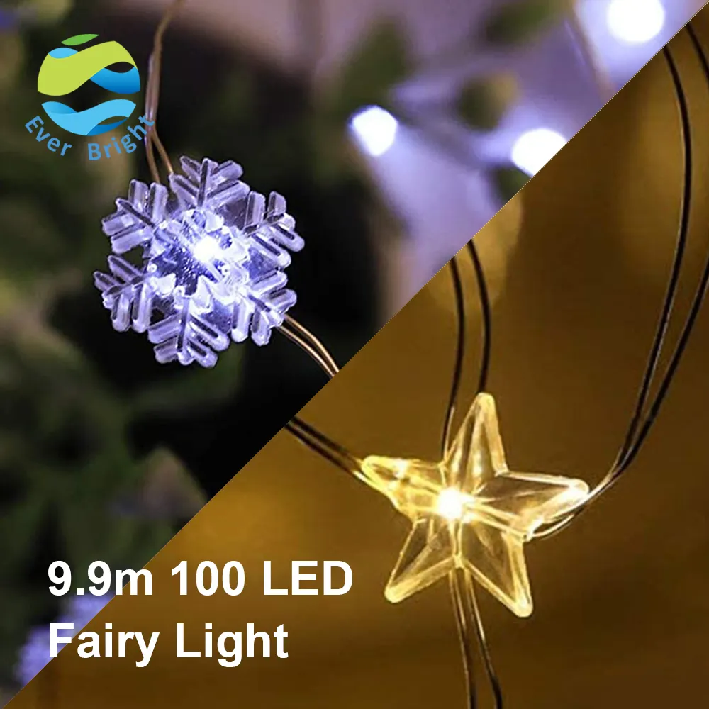 Ever Bright 32.4ft 100 LED Mini Christmas Star Waterproof Garden Warm White Copper Snowflake Outdoor Battery LED Fairy Lights