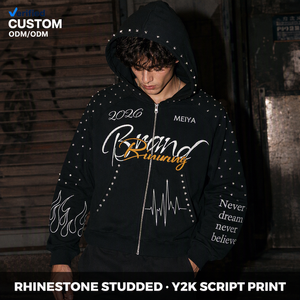 Sudadera con capucha negra para hombre, personalizada, 460GSM, con pedrería, gráfico Y2K <span class=keywords><strong>Script</strong></span> EKG y diseño de llama en espiral, con cremallera, para estilo Cyber Grunge Streetwear - Product Image 1
