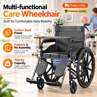 Fauteuil roulant manuel haut de gamme avec design pliable, cadre en acier carbone, coussin en cuir, plateau et roues arrière autopropulsées de 24 pouces