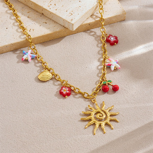 Summer Sun Charm Necklace Gold Plated Stainless Steel Cherry Starfish Pendant O Chain Clavicle Jewelry - Product Image 2