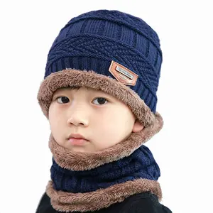 Children's Winter Woolen Hat and Scarf Set Trendy Korean Style Thickened Warm Knitted Kids' Hat with Designer Logo