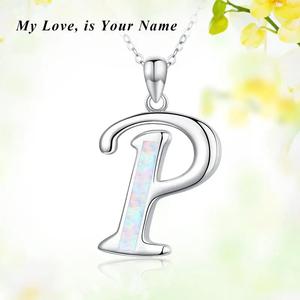 Gioielli da donna unici 925 in argento Sterling iniziale P lettera <span class=keywords><strong>monogramma</strong></span> con creato opale alfabeto collana - Product Image 6
