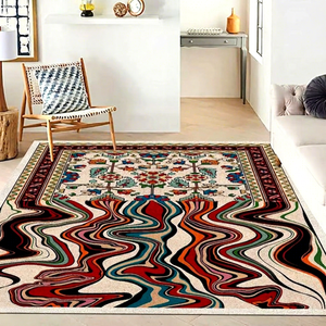 Tapis de salon rectangulaire à motif abstrait bohème, à poils moyens, avec envers en caoutchouc antidérapant, en laine et polyester - Product Image 1