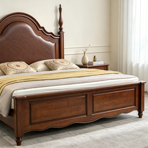 New Arrival Arched Brown Leather Upholstered Four Poster Solid Wood Bed with Carved Leg Nightstands - Product Image 5
