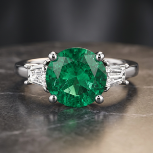 Anillo de tres piedras con esmeralda verde redonda y laterales de diamantes baguette cónicos en oro de 10K, 14K, 18K y plata 925, 935. - Product Image 1