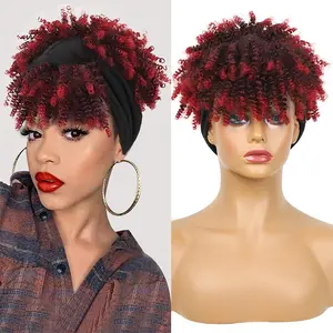 Wig rambut sintetis Afro, Wig Afro tinggi dengan poni pendek keriting nanas dengan saputangan untuk wanita warna hitam