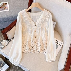 Women French V Neck Floral Lace <strong>Patchwork</strong> Blouse Puff Long Sleeve Button Down Cardigan Elegant Casual <strong>Shirts</strong> Tops - Product Image 2